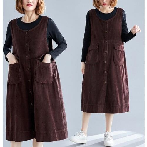 Plus Size Women Dress Autumn Sleeveless Corduroy Basic Big Size Female Lady Vestidos Loose Solid Dress Thick 2021 HB120