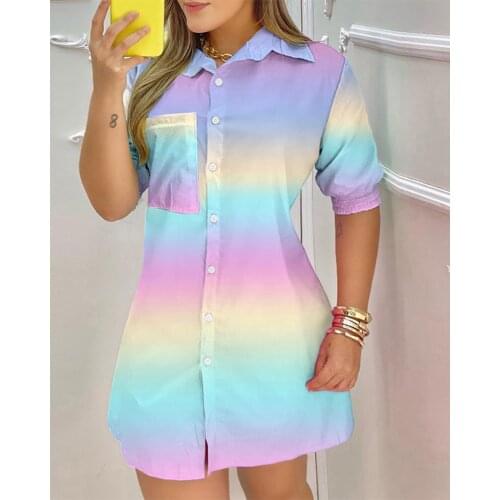 Summer Casual Turn Down Collar Women Colorblock Pocket Design Short Sleeve Buttoned Shirt Dress Loungewear Daily Party Robes New