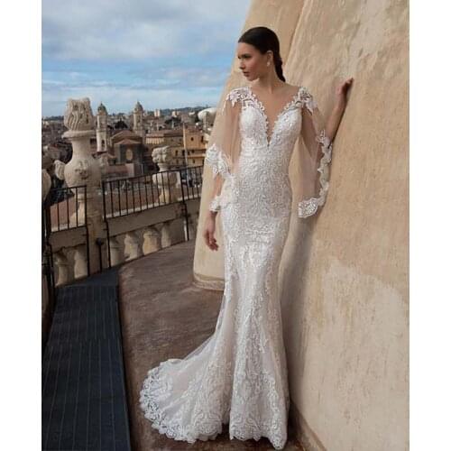 Elegant 2021 Appliques Lace Mermaid Wedding Dress Vestido De Novia Boho Bride Gowns V Neck Buttons Up Three Quarter Sleeve Trump