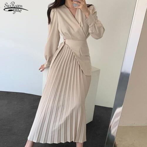 Lantern Sleeve Casual Solid Women Dress Vintage Side Buckle Long Pleated Dress A-line Midi V-neck Party Dresses Femme Robe 12789