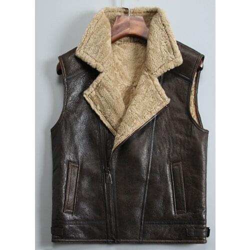 Genuine Men Autumn Winter Biker Vest sheepskin coat Sleeveless Jacket Mens Leather Vests 731 KJ3296
