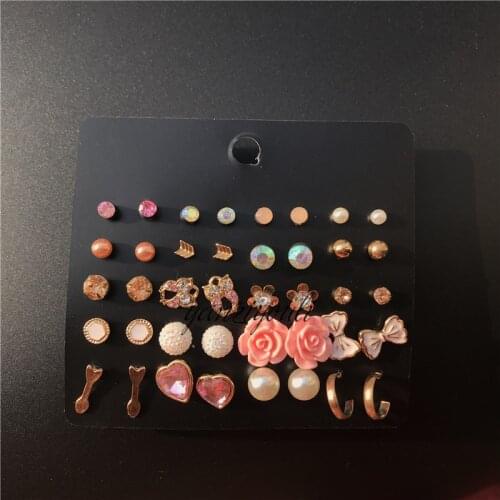 20 Pairs/set Vintage Alloy Crystal Rhinestone Small Earrings For Women Cute Metal Resin Flower Stud Earrings Set Mixed