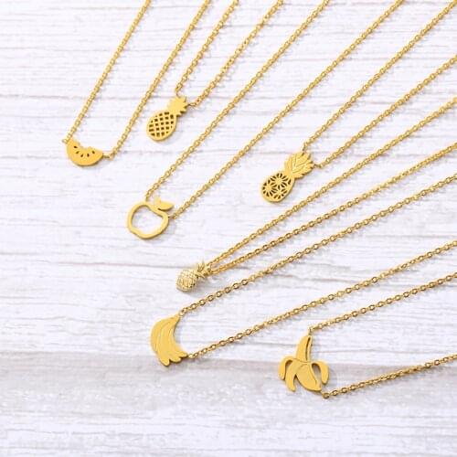 Gold Silver Color Fruit Necklace For Women Girls Stainless Steel Apple Pear Banana Pendants Long Chain Necklaces BFF Jewelry