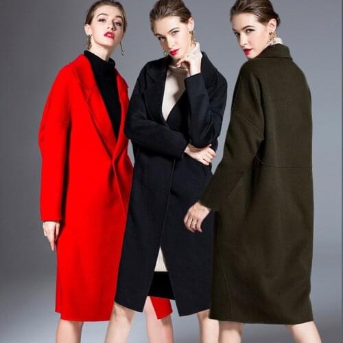 Long woolen blends cashmere coats for women 2019 autumn winter ladies jackets plus size overcoat double sided red navy green