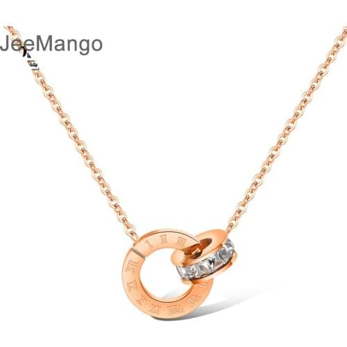 JeeMango Classic Design Mosaic Cubic Zirconia Double Circle Pendant Necklace Stainless Steel Wedding Necklaces Jewelry N17032