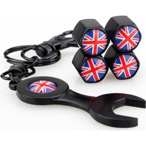4pcs Wheel Valve Stems Caps 1pc Wrench Dust Air Cover Car Accessories British Flag for MINI Coupe MINI One MINI Coopers Cabrio