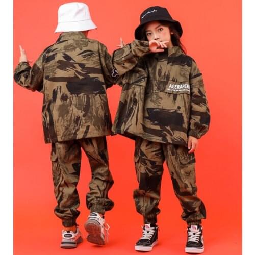 2 Pieces Kids Hip Hop Clothing Set Camouflage Hoodies Coat Running Pants For Girls Boys Jazz Dance Costumes 6 8 10 12 14 16 Y