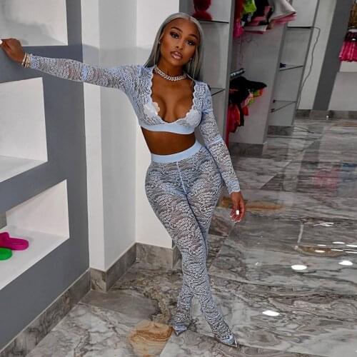 2 Piece Set Fashion Casual Women Sexy Perspective Lace Long Sleeve Crop+High Waist Pants Party Club Streetwear 2021 Spring