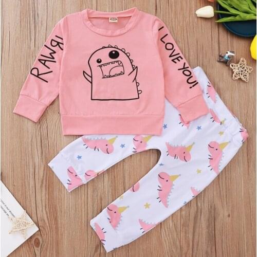 Newborn Baby Girls Fashion 2-piece Outfit Set Long Sleeve Cartoon Dinosaur Print Top and Pants Set