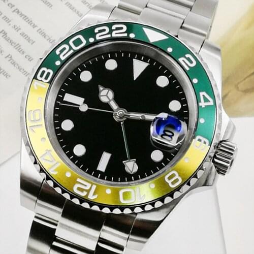 Fashion Blue / green high quality GMT mens watch, 40mm stainless steel case, watch chain, sapphire glass rotary ceramic frame