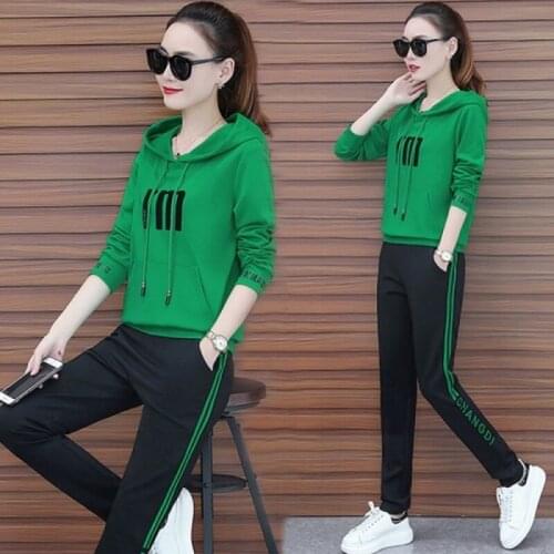 New Womens 2 Piece Outfit Set Fashion Long Sleeved Hooded Sweater Two Piece Pants Set Women Clothes Green Yellow Red Black