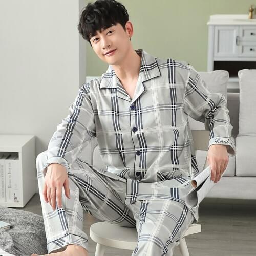 Striped Pajamas For Men Sleepwear Autumn Cotton Pyjamas Mens Long Sleeve Turn-down Collar Nightwear Plus Size Lounge Homewear