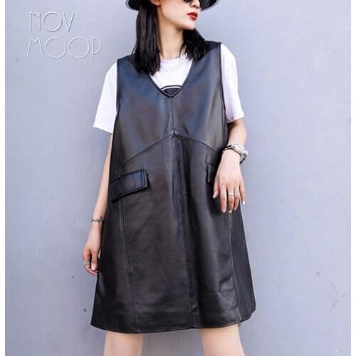 Novmoop sheepskin genuine leather women tank dress v collar A shape simple chic style LT3329
