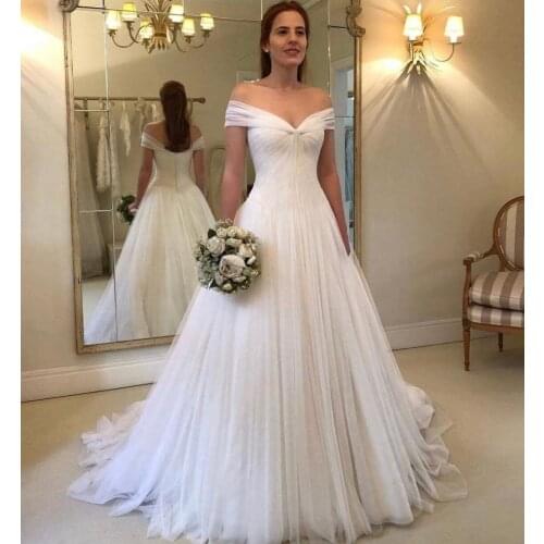Simple Wedding Dress A-Line V-Neck Off The Shoulder Pleat Backless Zipper Chiffon Floor Length Sweep Train Bride Gown 2021