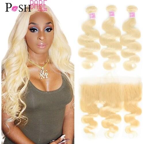 613 Blonde Color Human Hair Bundles with Closure Remy Brazilian Body Wave 2 3 4 Bundles With 13x4 Lace Frontal Free Middle Part