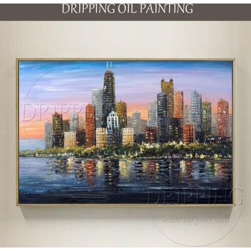 Artist Hand-painted High Quality Modern Wall Art Downtown Lake Oil Painting on Canvas Modern City Skyscrapers Oil Painting