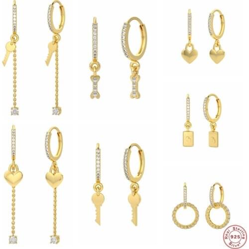 S925 Sterling Silver Key Love Hanging Hoop Earring For Women Girls Zircon Huggie Earrings Pendientes Brincos Wedding Jewerly