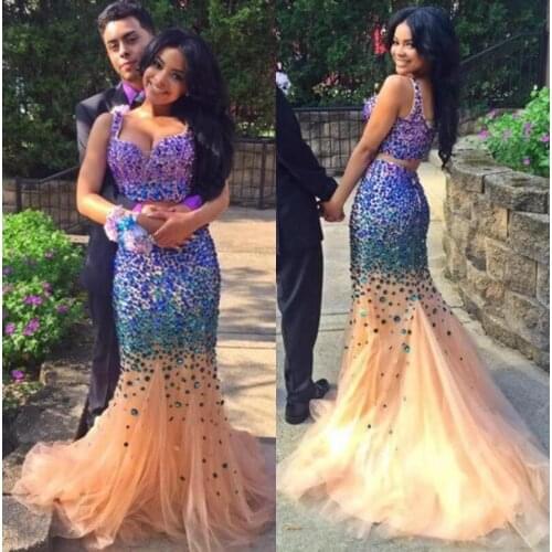 Tank Straps Blue Rhinestones Two Piece Dresses Evening Dresses Mermaid Ruffles Champagne Tulle Prom Party Gowns Glitter Dress