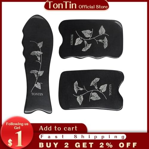 Tontin Carved Flowers Buffalo Ox Horn Beauty Guasha Scraping Tool Thin Arm Leg Slimming V Line Face Massage Guasha Plate