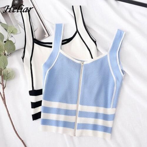 HELIAR Women Camis Zipper Cute Top Female Striped Y2k Tops Femme Cotton Knitting Female 2020 Summer Cute Camis For Women