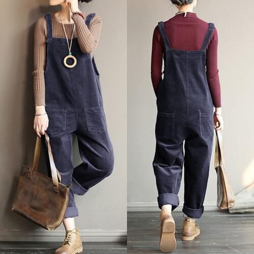 Kaftan Corduroy Jumpsuits Womens Overalls Casual Rompers 2021 ZANZEA Spring Suspender Button Playsuits Female Solid Pant Turnip