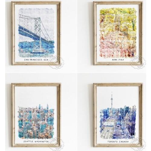 World City Travel Scenery Spot Watercolour Exhibition Poster, San Francisco Rome Seattle Toronto Landscape, Modern Home Decor