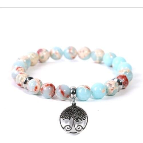 WWLB Natural Energy Stone Women Jewellery Spectrolite Labradorite 8mm Beaded Bracelets Wisdom Tree of Life Charm Bracelet