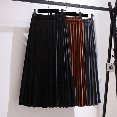Large Womens Autumn and Winter New 2020 Pure Color Plus Size Fashion Velvet Skirt A-line Pleated Skirt Mid-Calf Empire Skirts