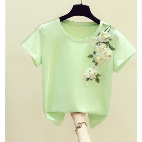 2021 Summer New Korean Embroidered Three-dimensional Yellow Flower Decoration Round Neck Short-sleeved T-shirt Women Casual Top