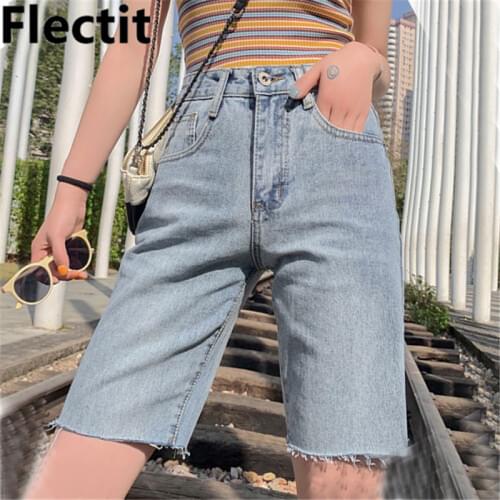 Flectit Vintage Denim Bermuda Shorts High Waisted Raw Edge Womens Summer Shorts Casual Young Girl Female Shorts