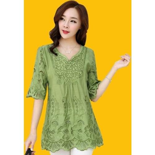 2020 Summer Women Half Sleeve Loose Hollow Out Embroidery Shirts 100% Cotton Vintage V-neck Blouses Femme Tops Plus Size M93