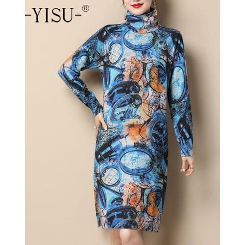 YISU Winter Women Dresses turtleneck Printing Knitted pullover Dress Long sleeve Warm Loose Female Casual Jumper Dresses Thick