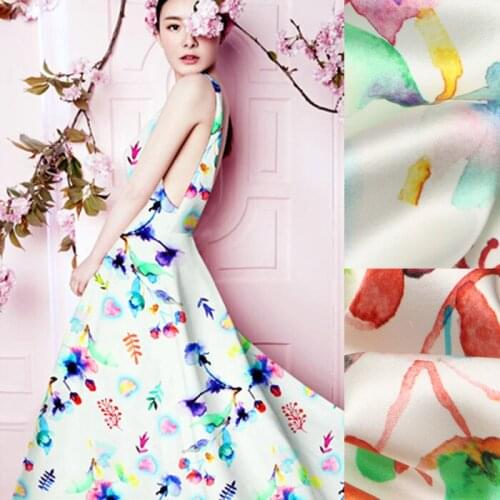 118cm wide 19mm 93% silk & 7% spandex colorful floral and fruit stretch silk satin fabric for dress shirt clothes cheongsam D811