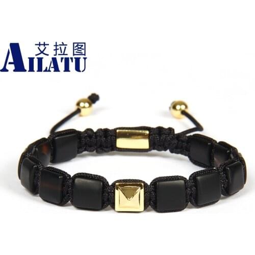 Ailatu Wholesale 10pcs/lot 8x8mm Natural Matte Onyx Square Stone Beads with Micro Pave CZ Pyramid Macrame bracelet Nice Gift
