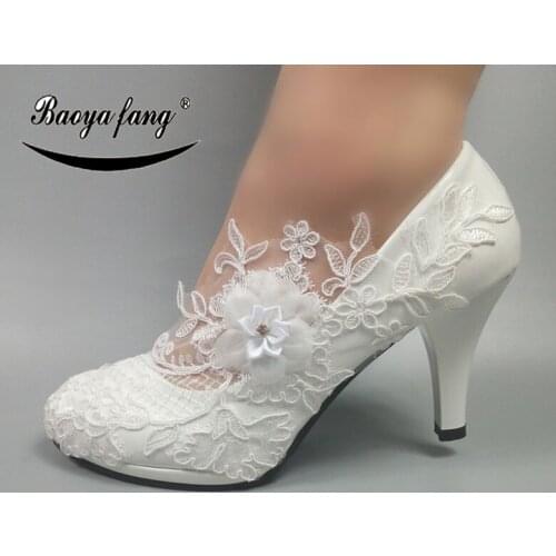 BaoYaFang White Flower Womens Wedding Shoes Fashion Crystal Party dress shoes High heels platform shoes 5cm/8cm/10cm thin heel