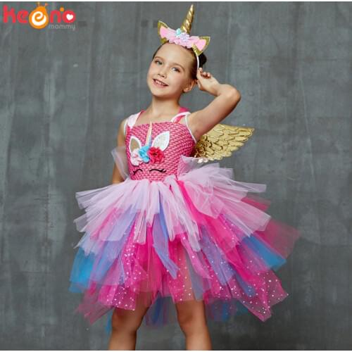 Glittery Unicorn Princess Pageant Flower Girl Tutu Dress Kids Party Costume with Headband and Wings Halloween Cosplay Girl Dress
