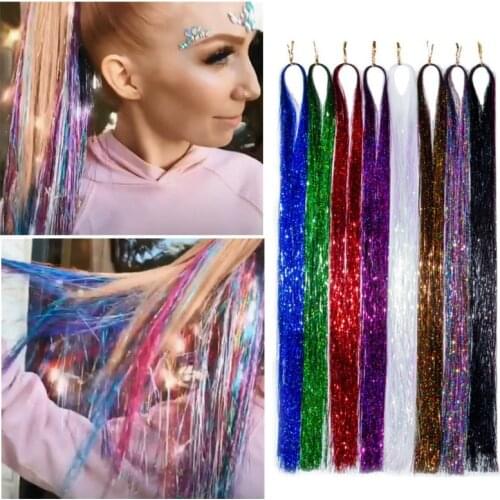 Sparkle Shiny Hair Tinsel Rainbow Silk Hair Extensions Dazzles Women Hippie for Braiding Headdress Long 100cm 120 Strands/bag