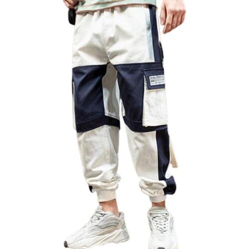 Stylish Men Multi Pockets Straps Patchwork Ankle Tied Long Cargo Pants Trousers
