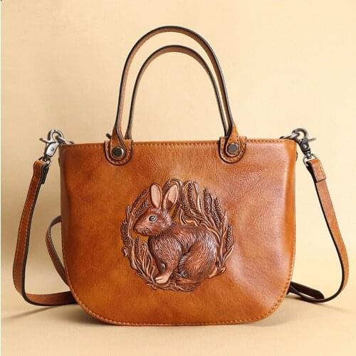 Retro cowhide Leather Women handbags female embossed rabbit shoulder messenger bag ladies small portable tote bags 2020 new