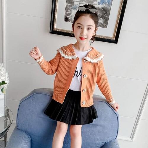 Spring Autumn Girls Lace Collar Sweater Children Clothing Knitting Cardigan Kids Clothes Childrens Casual Coats Knitted Jacket