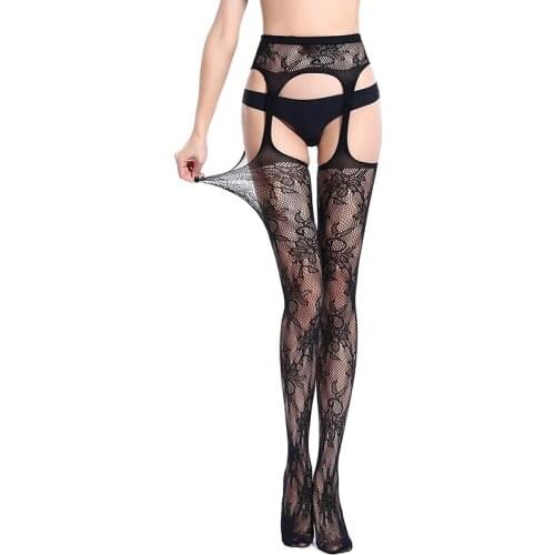 Elastic Nylon Fishnet Stockings Women Sexy Open Crotch Transparent Thigh High Stockings With Garter Floral Long Medias HS3373