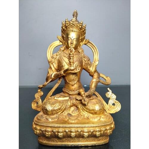 8"Chinese Folk Collection Old Bronze Gilt Vajrasattva Guanyin Bodhisattva Sitting Buddha Ornaments Town House Exorcism