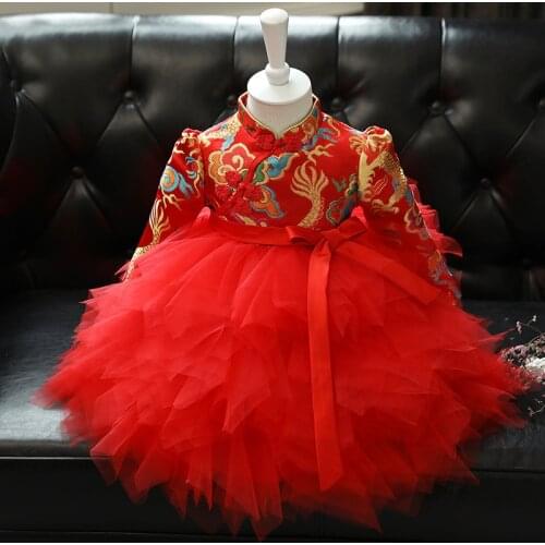Chinese Style Kids Little Baby Girl Birthday Party Baptism Ball Gown Toddler Red Long Sleeve Flower Children Cheongsam Dress