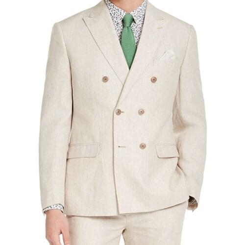 Fashion Handsome Gentleman Tailor Made Linen Double Breasted Men Suits Plus Size Slim Fit Wedding Beach Party Male Clothing