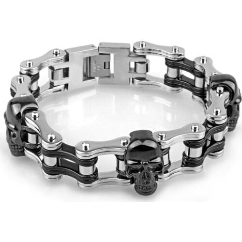 Fashionable bike bike Black skull titanium steel bracelet with 316 stainless steel bracelet