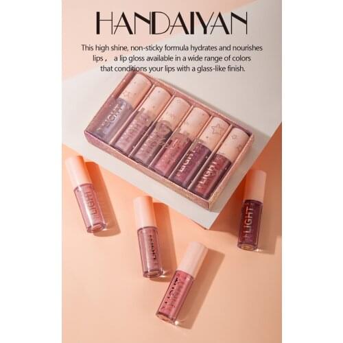 New Hot Sale HANDAIYAN 6 Lip Gloss Set Gift Box Moisturizing Mirror Water Gloss Lip Glaze Nude Easy To Apply Long Lasting Makeup