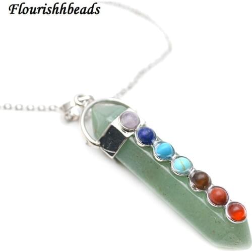 Natural Green Aventurine Jade Stone Pillar Point with 7 Small Stone Cabochons Paved Chakra Pendant Chains Necklace