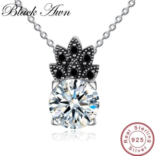[BLACK AWN] 925 Sterling Silver Necklace for Women Pineapple Black Spinel Necklaces Pendants Silver 925 Jewelry P154