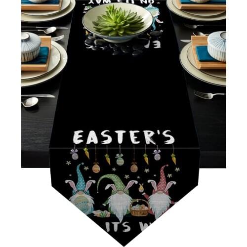 EasterS On Its Way Easter Egg Gnome Rabbit Black Table Runner Table Flag Home Party Decorative Tablecloth Table Runners