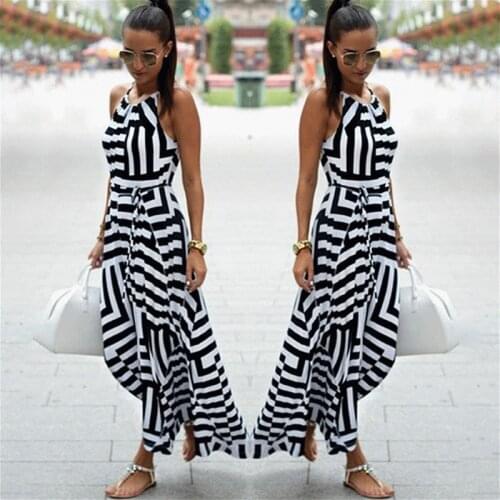 Bigsweety New Fashion Women Sexy Boho Striped Dress Summer Maxi Long Dress Sleeveless Beach Strap Sundress Vestidos For Female